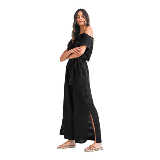 Textured Mesh One-Shoulder Jumpsuit