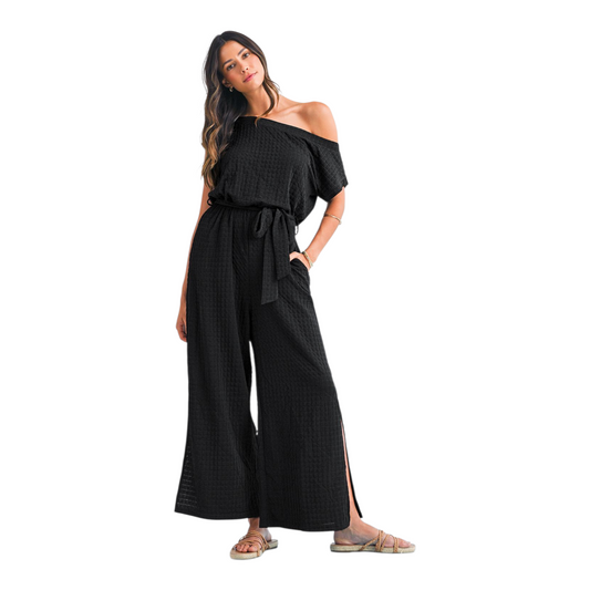 Textured Mesh One-Shoulder Jumpsuit