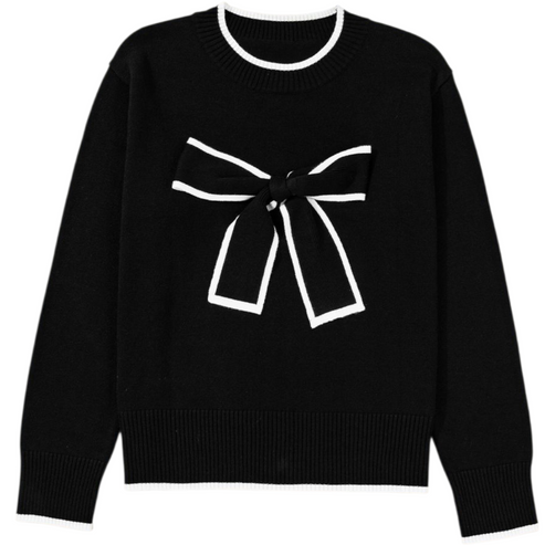 Black sweater with a large white bow design on a white background