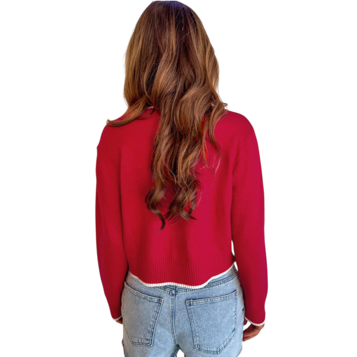 Person wearing a red sweater and blue jeans on a white background
