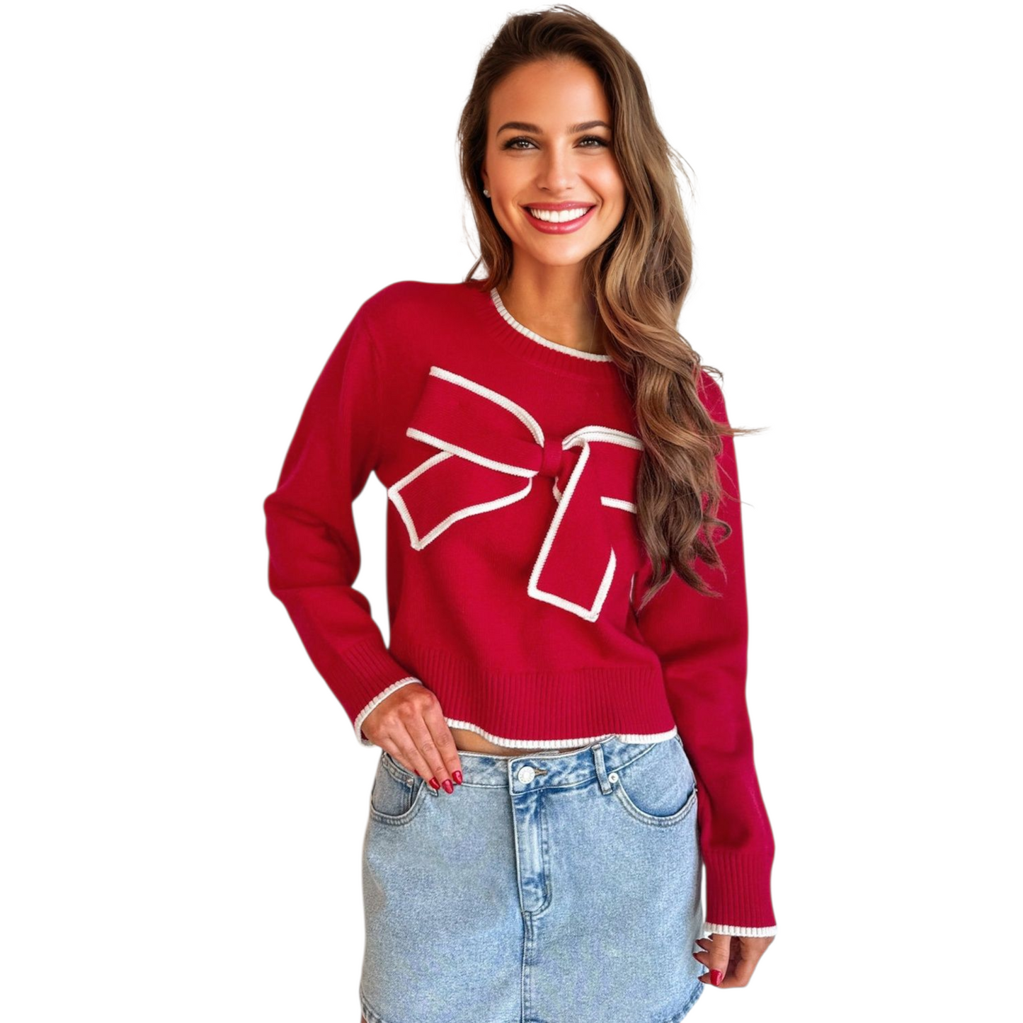 Woman wearing a red sweater with a white design on a white background