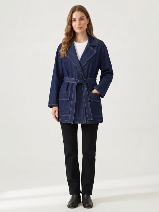 Catherine Martin mid-length denim coat with waist tie, front pockets, and structured collar worn by a model.