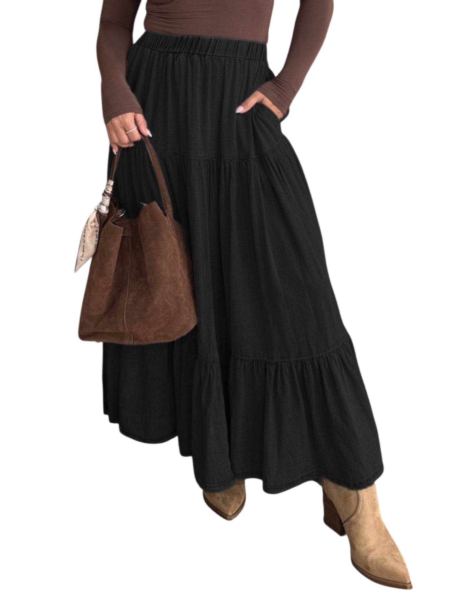 Tiered Elastic Waist Long Skirt