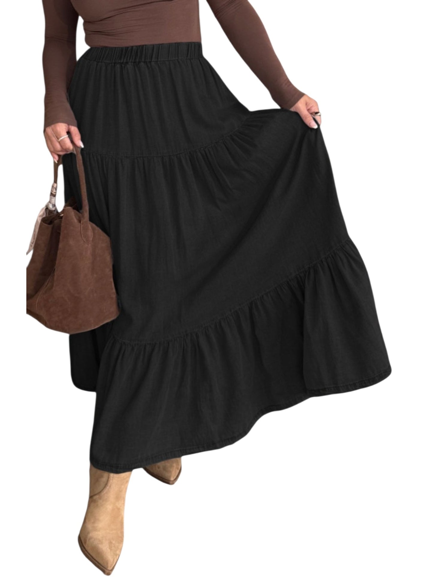 Tiered Elastic Waist Long Skirt
