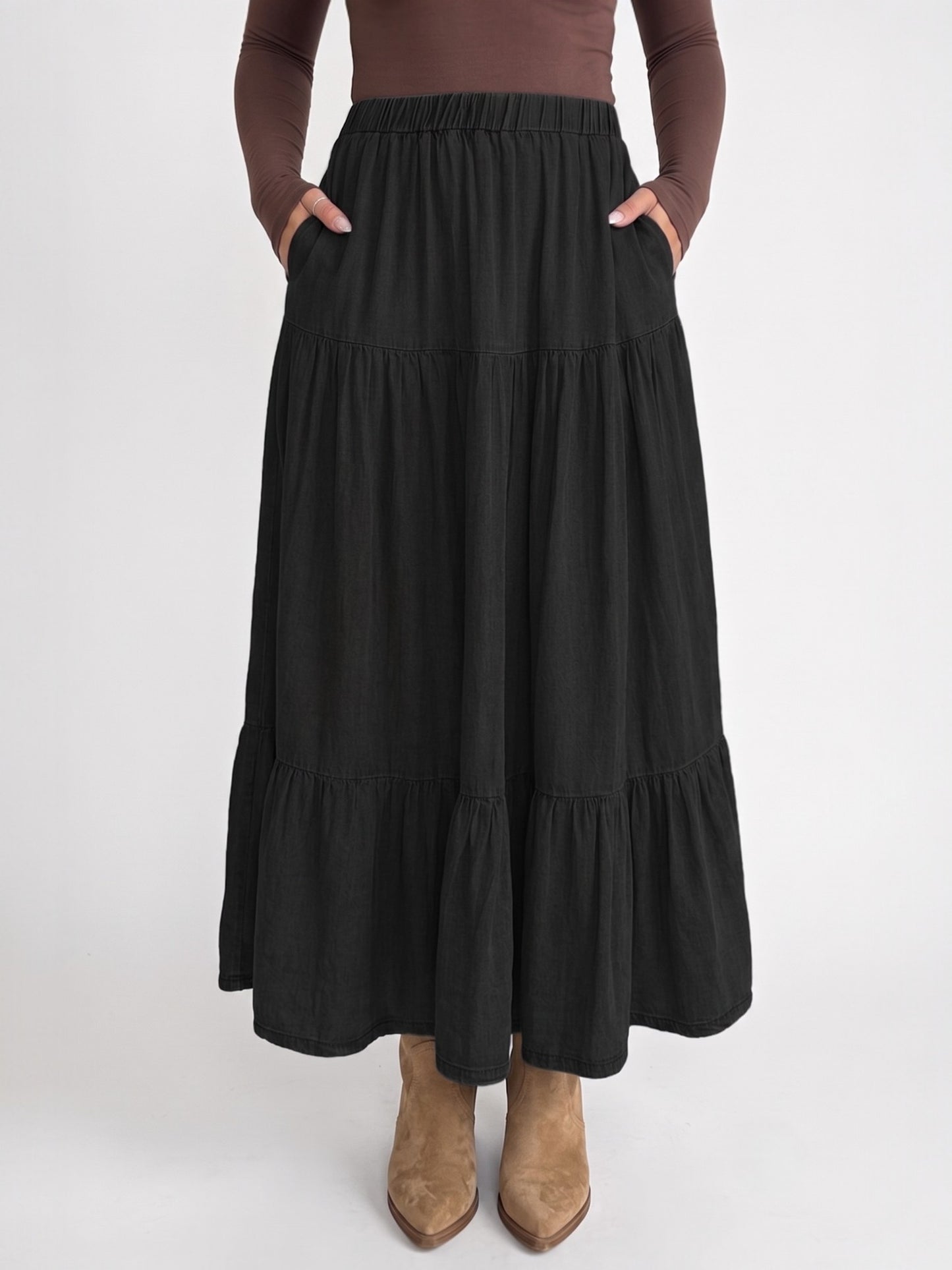 Tiered Elastic Waist Long Skirt