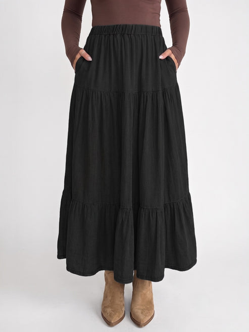Tiered Elastic Waist Long Skirt
