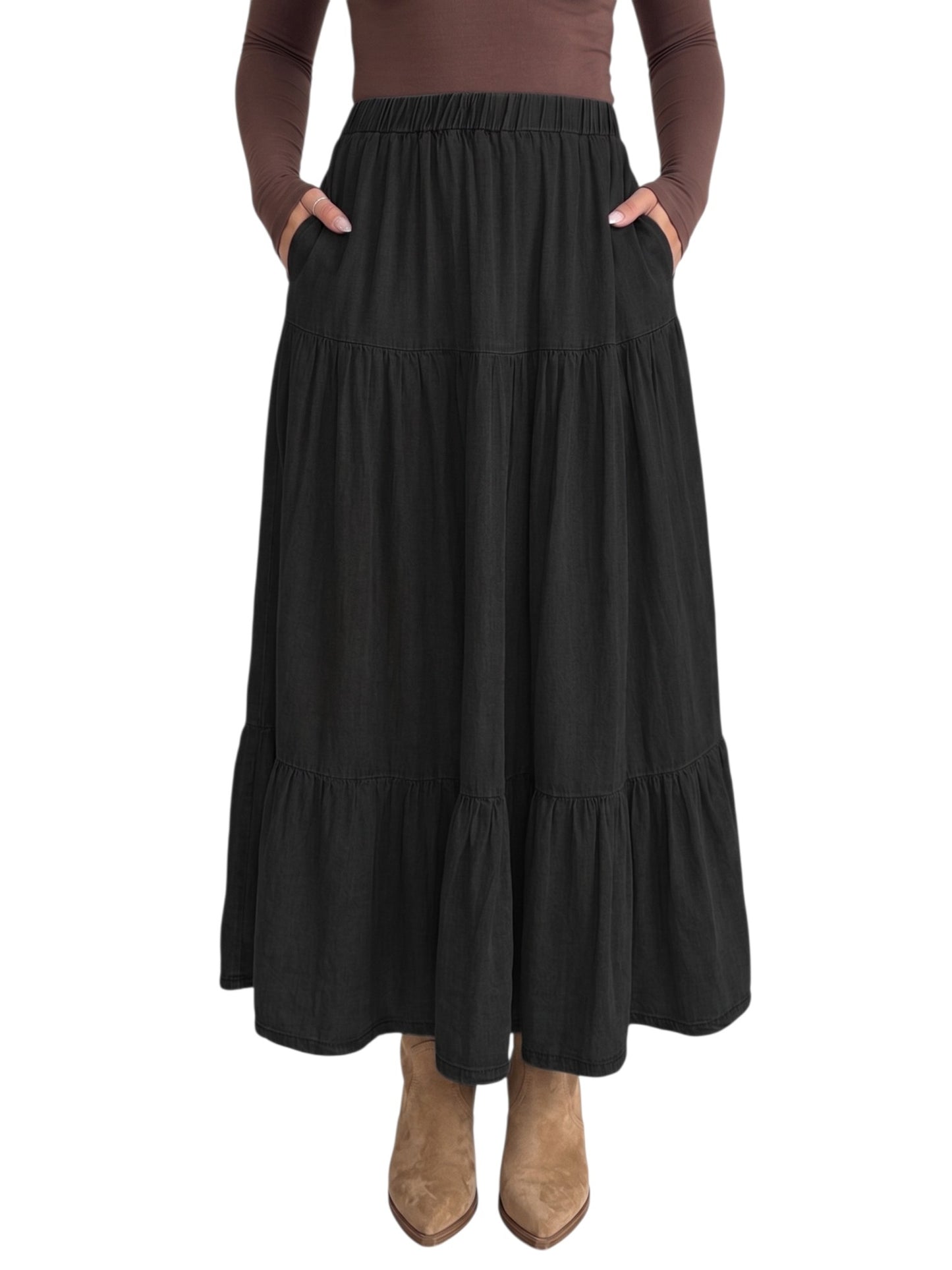 Tiered Elastic Waist Long Skirt