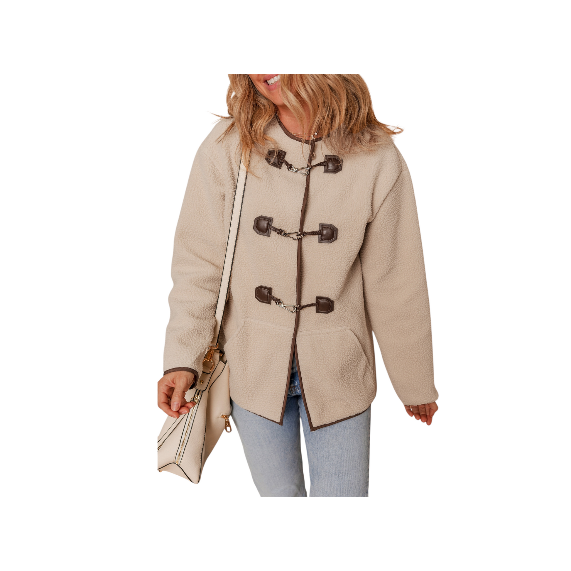 Woman wearing a beige duffle coat with brown buttons on a white background
