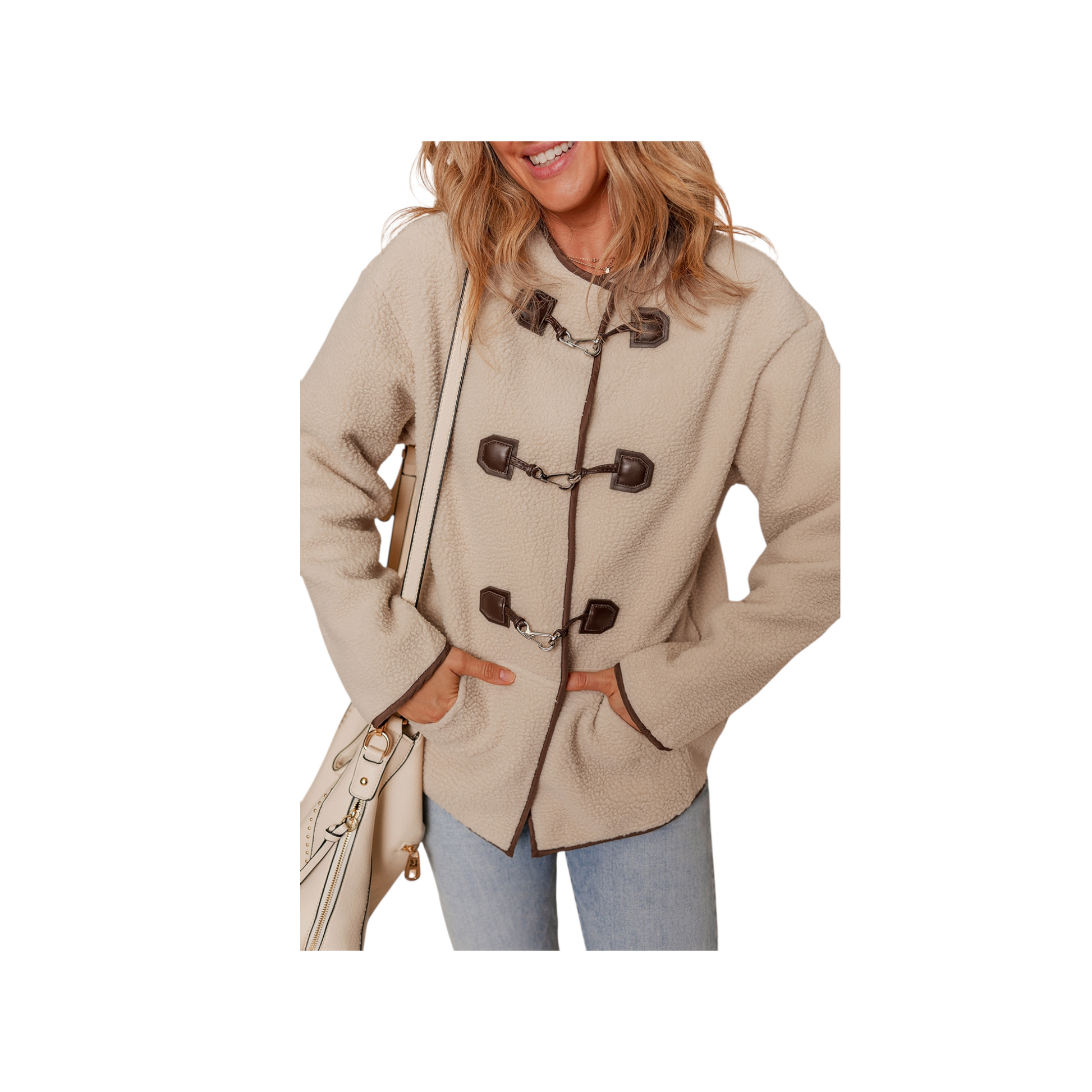 Woman wearing a beige duffle coat on a white background