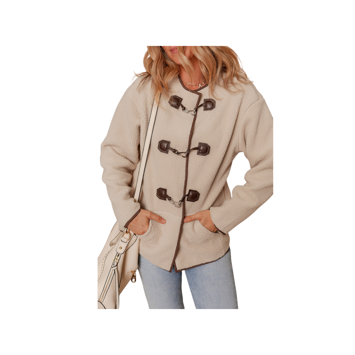 Beige duffle coat worn by a person on a white background