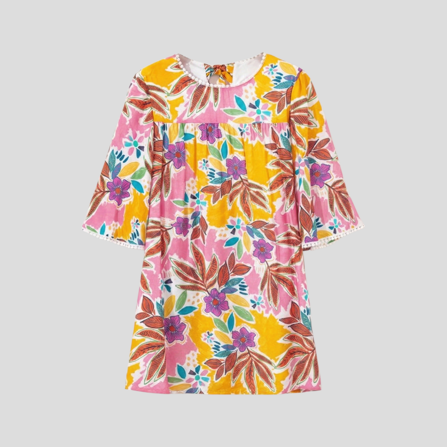 Front view flat lay of a vibrant tropical floral mini dress with a round neckline, three-quarter sleeves, and delicate pom-pom trim.