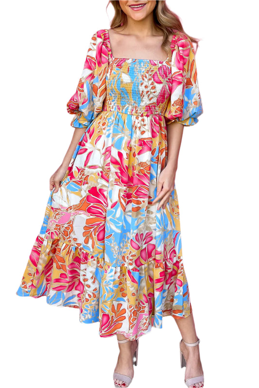 Tropical print rose red midi dress with puff sleeves and smocked bodice, breathable and stylish for versatile wear. Front view.
