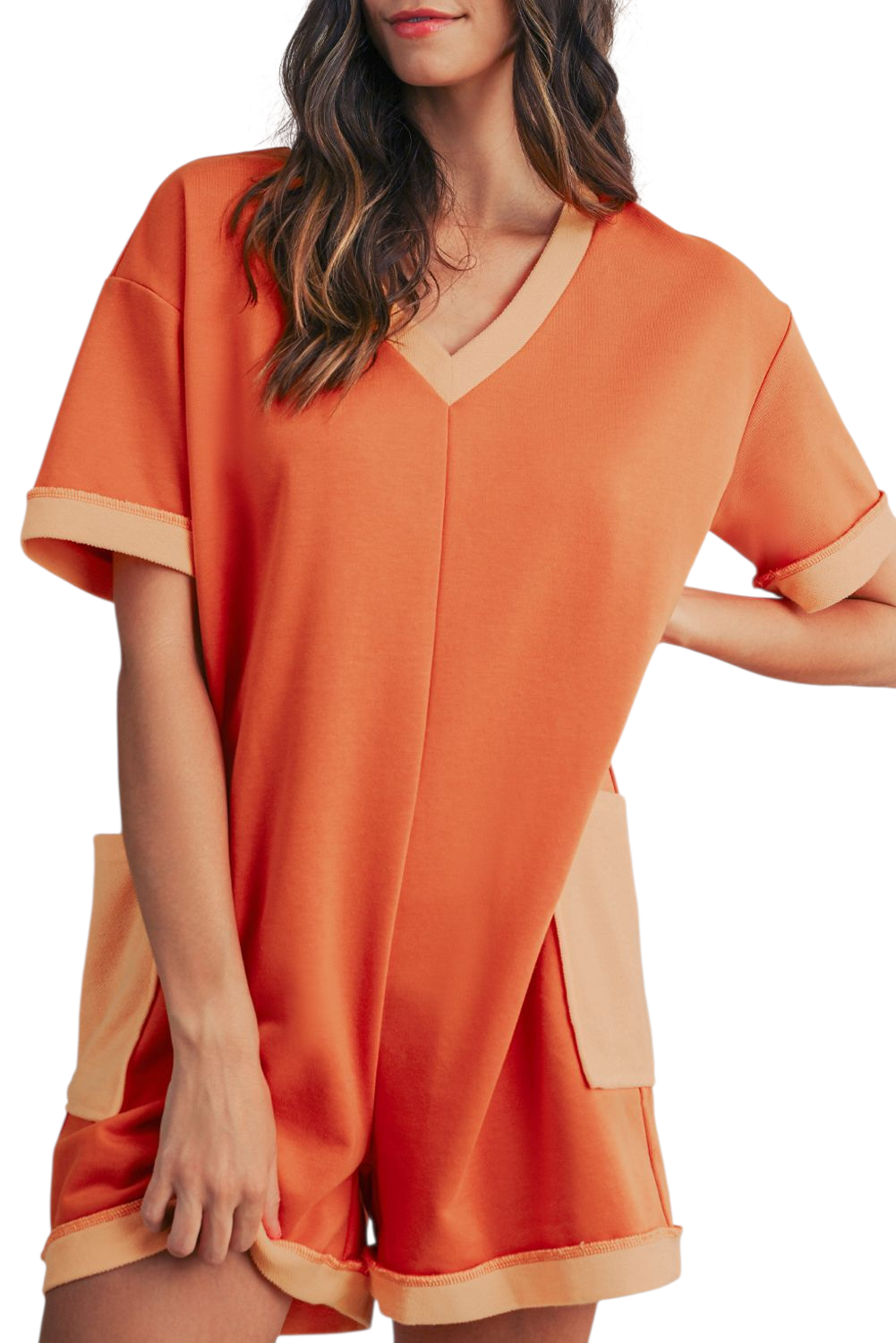 Two-Tone Contrast Pocket Romper - front focus view