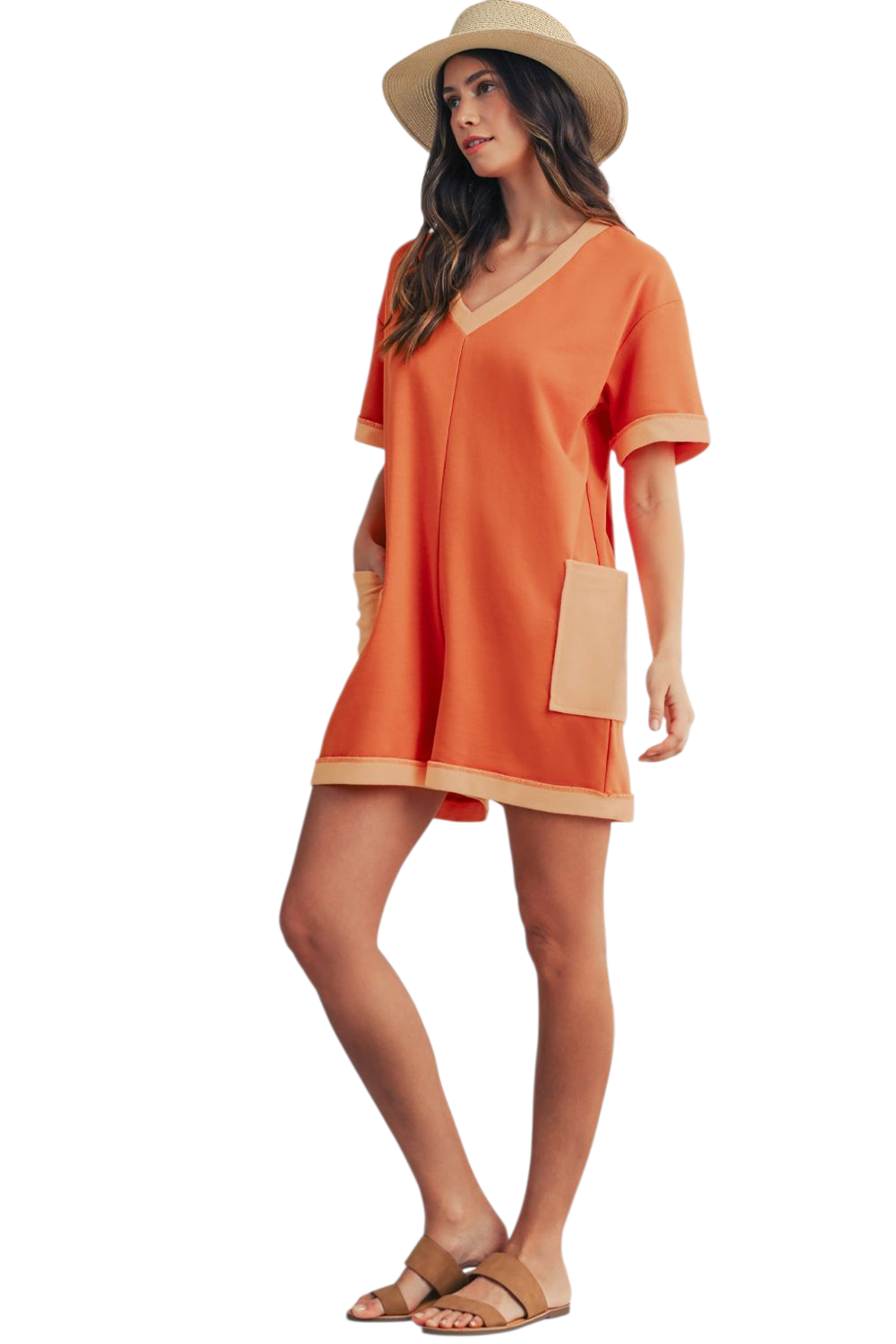 Two-Tone Contrast Pocket Romper - full view
