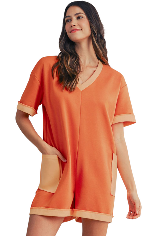 Two-Tone Contrast Pocket Romper - main front view