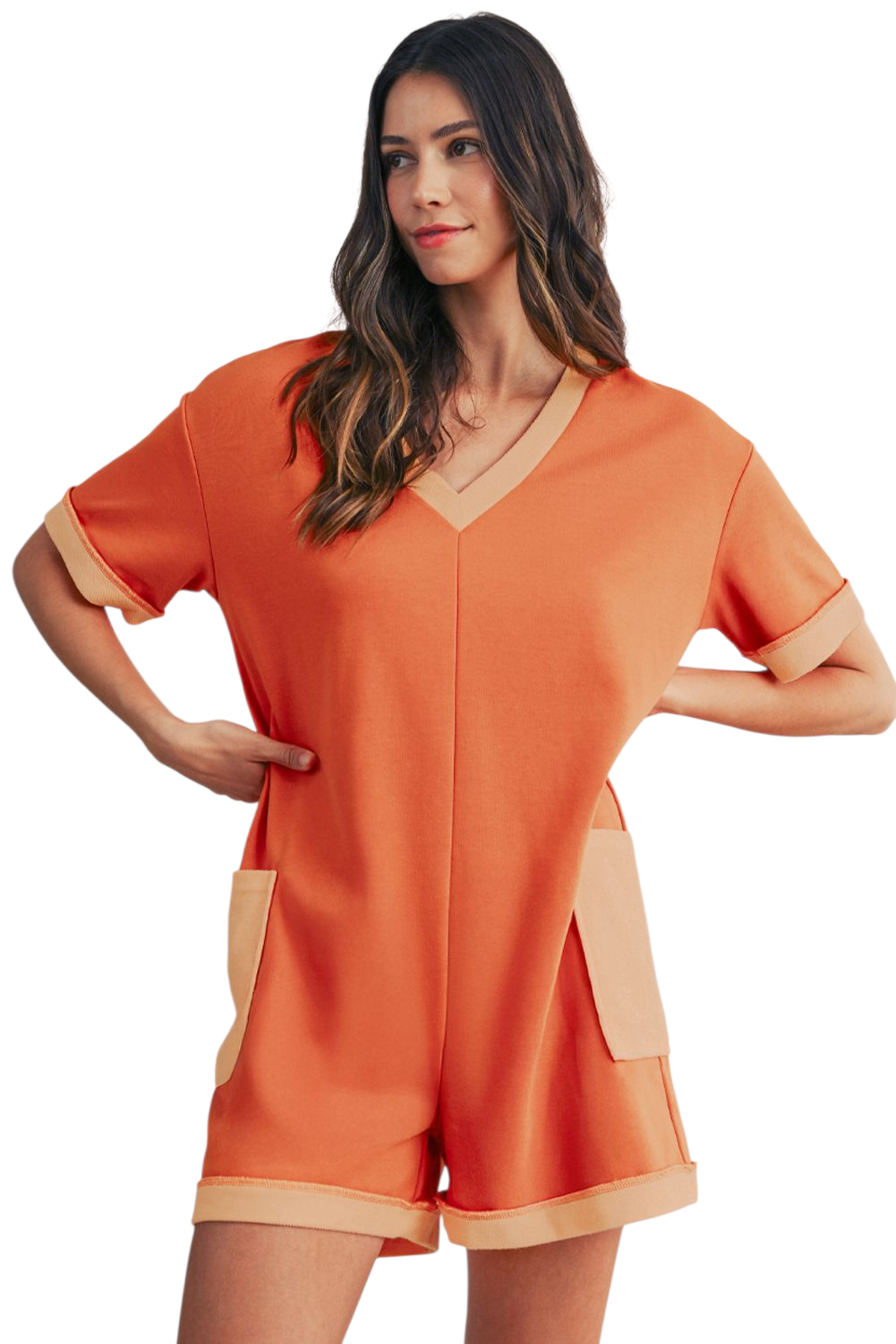 Two-Tone Contrast Pocket Romper - standing 