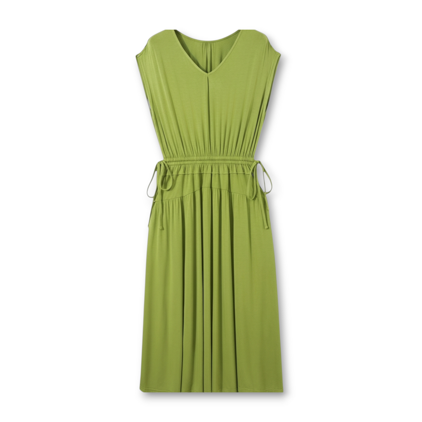 Front view of an olive green v-neck maxi dress with short sleeves and an adjustable side drawstring elastic waist on a white background.