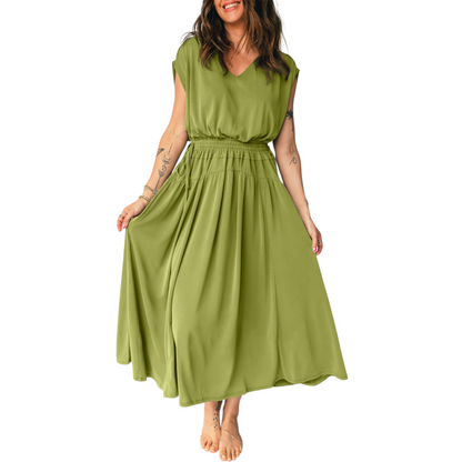 Front view of an olive green v-neck maxi dress with short sleeves and an adjustable side drawstring elastic waist on a white background.