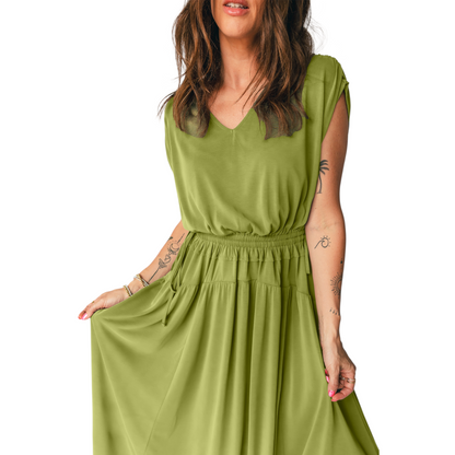 Front view of an olive green v-neck maxi dress with short sleeves and an adjustable side drawstring elastic waist on a white background.