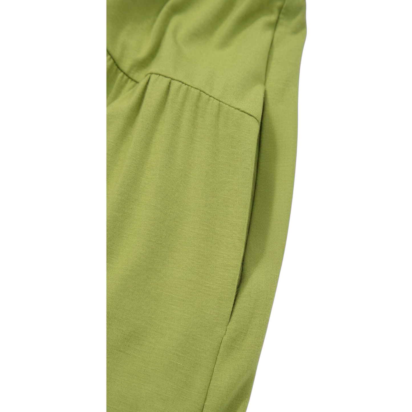Pocket view of an olive green v-neck maxi dress with short sleeves and an adjustable side drawstring elastic waist on a white background.
