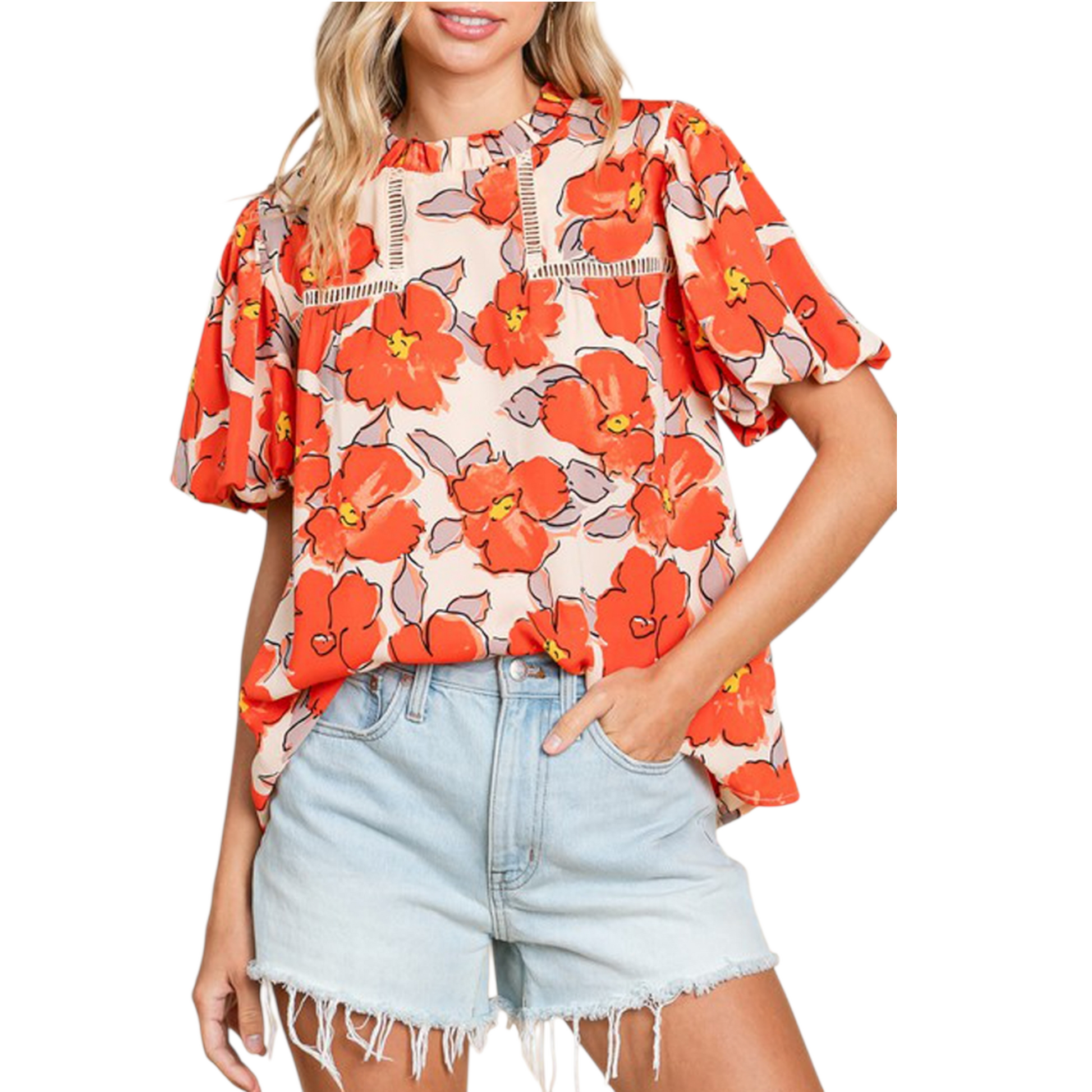 Front view of a vibrant floral print blouse with bubble sleeves and a ruffle high-neck collar.
