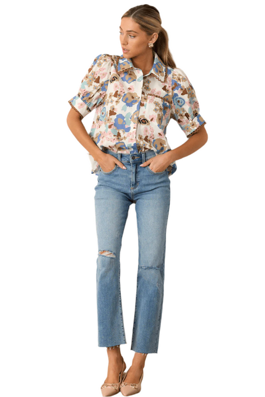 Women wearing a multicolor vintage floral blouse with sleeves, perfect for casual summer occasions.