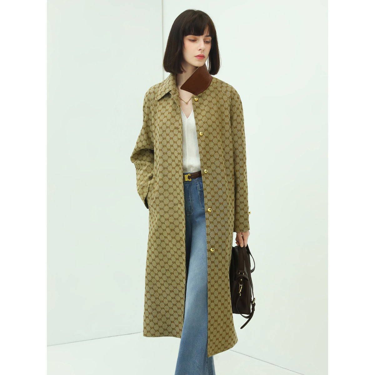 Vintage Patterned Long Single Breasted Khaki Coat-0
