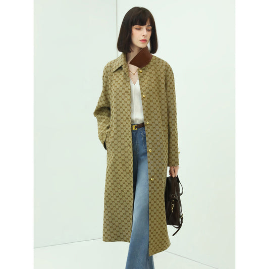 Vintage Patterned Long Single Breasted Khaki Coat-0