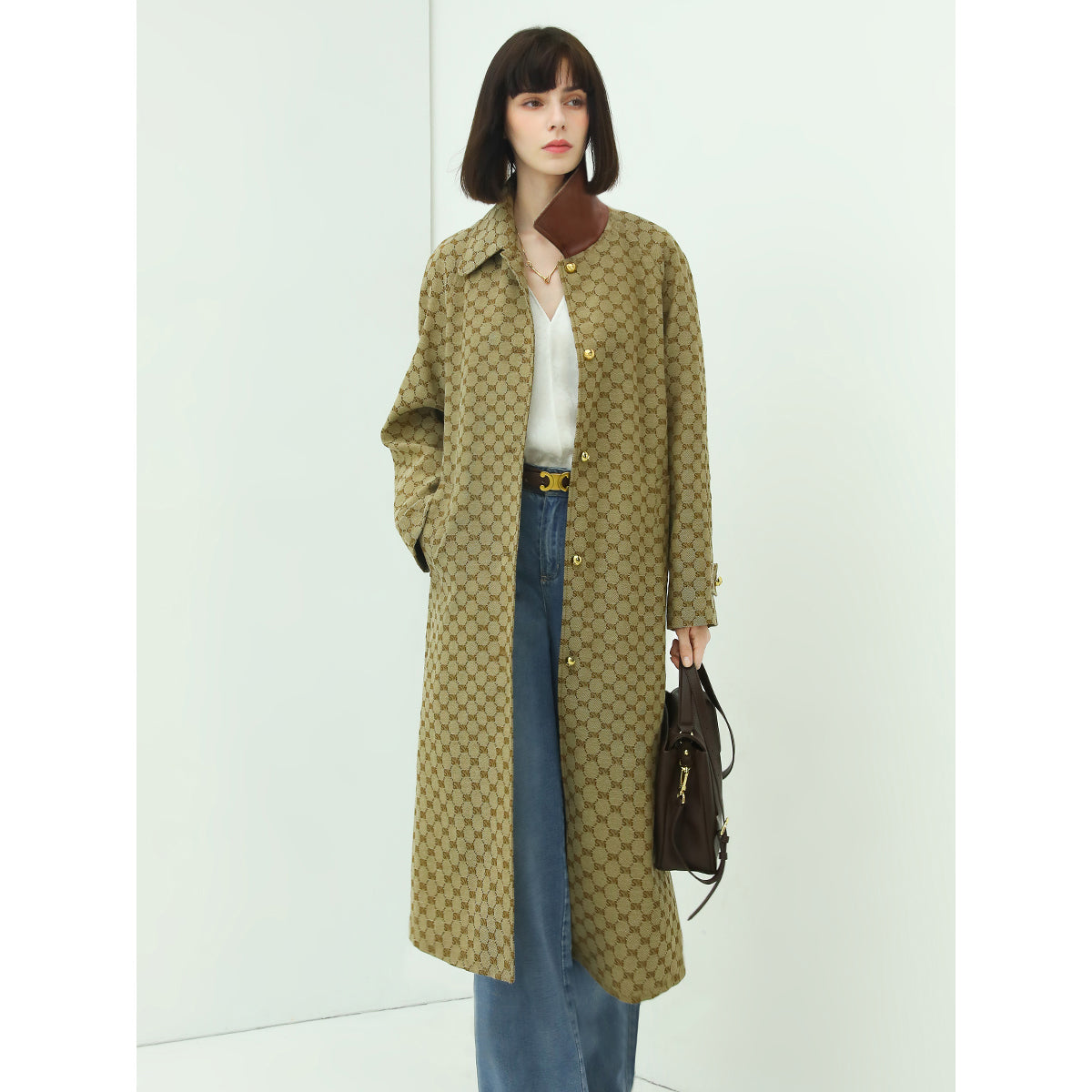 Vintage Patterned Long Single Breasted Khaki Coat-1