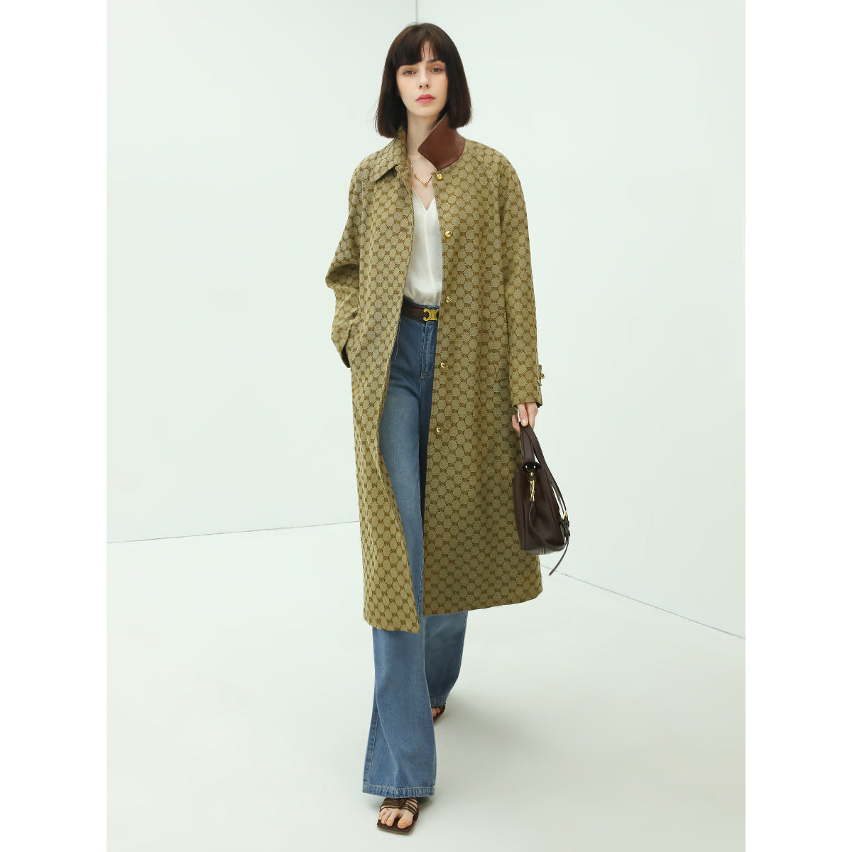Vintage Patterned Long Single Breasted Khaki Coat-2