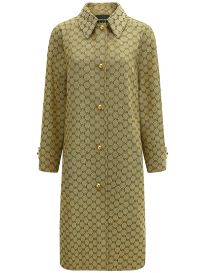 Vintage Patterned Long Single Breasted Khaki Coat-3