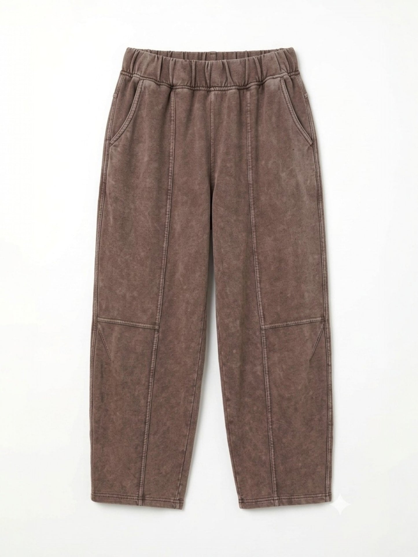 Washed cotton barrel leg pants in brown, front view flat lay