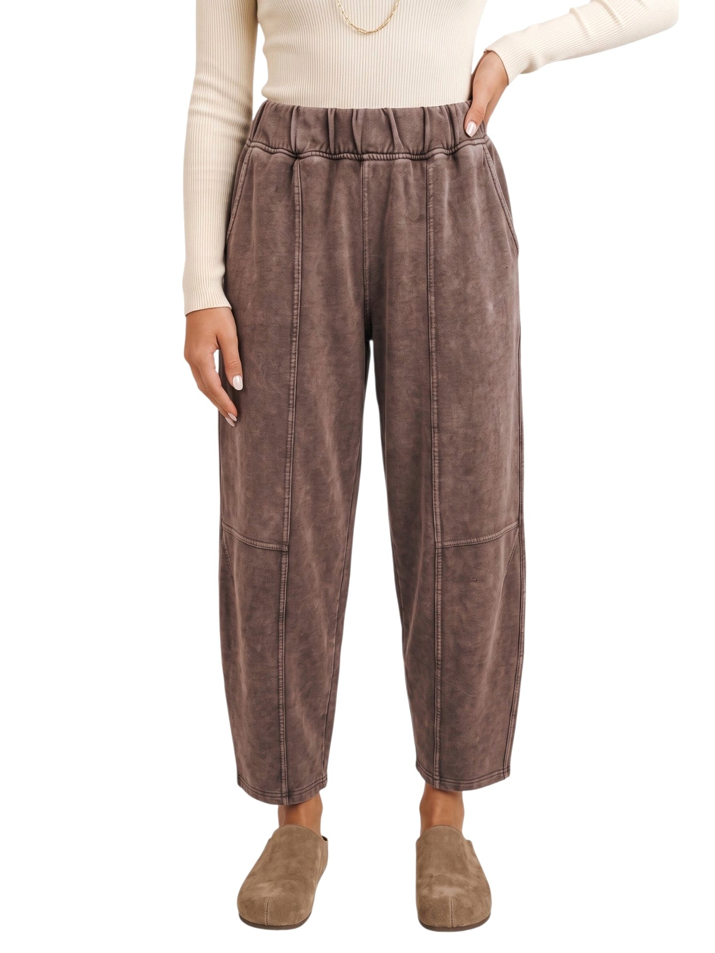 Washed cotton barrel leg pants in brown, front view