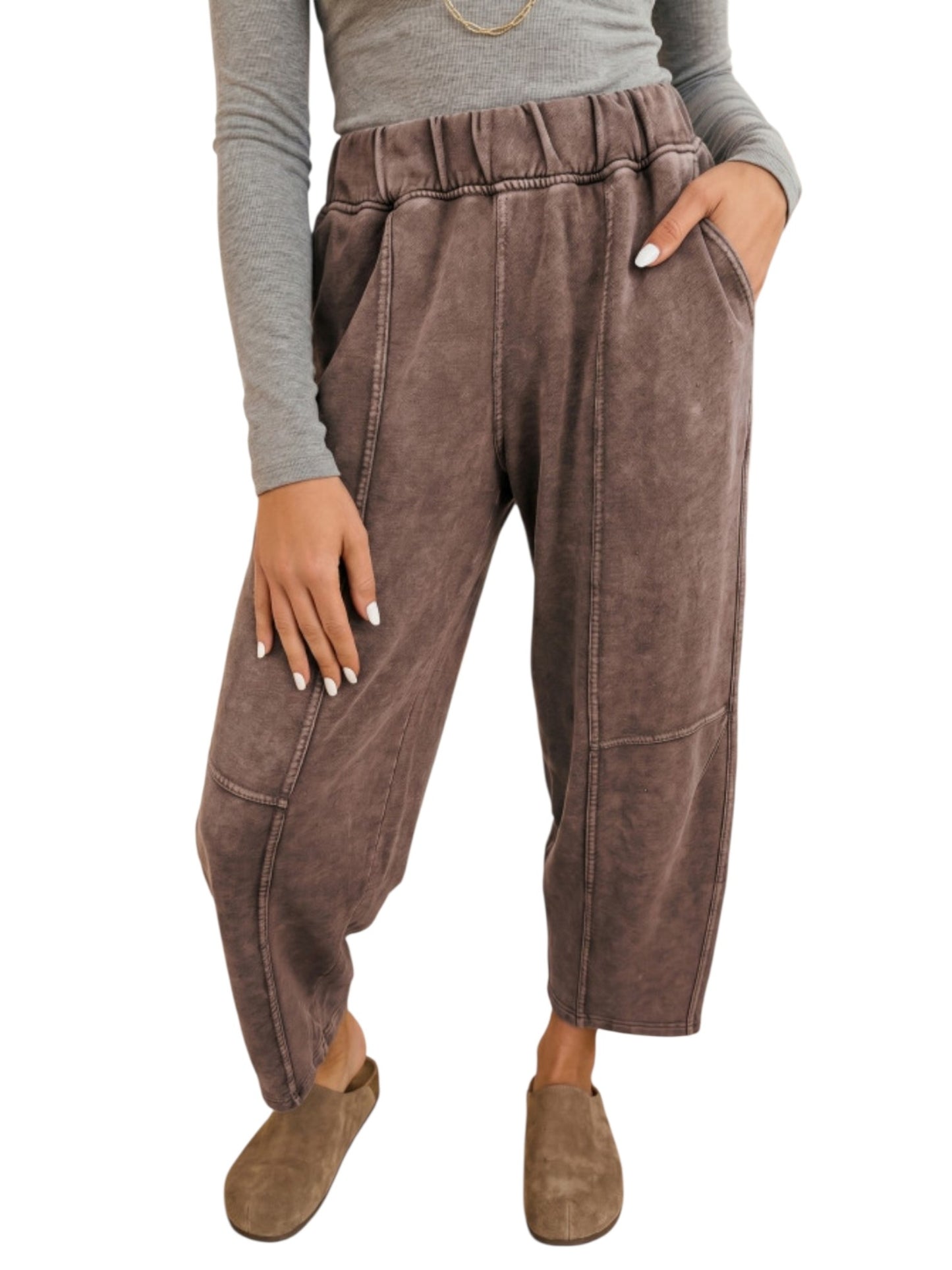 Washed cotton barrel leg pants in brown, front view