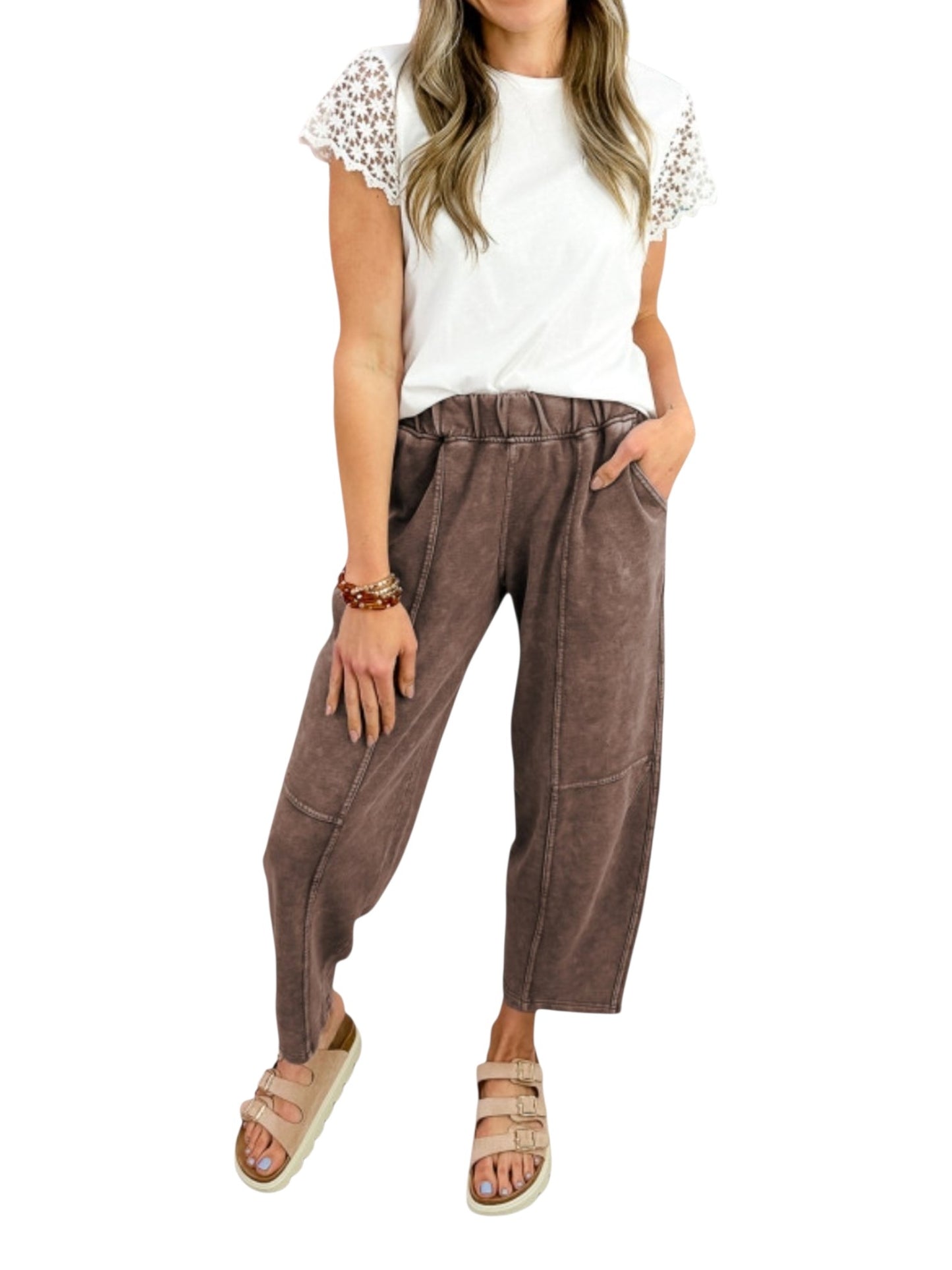 Washed cotton barrel leg pants in brown, front full length view 