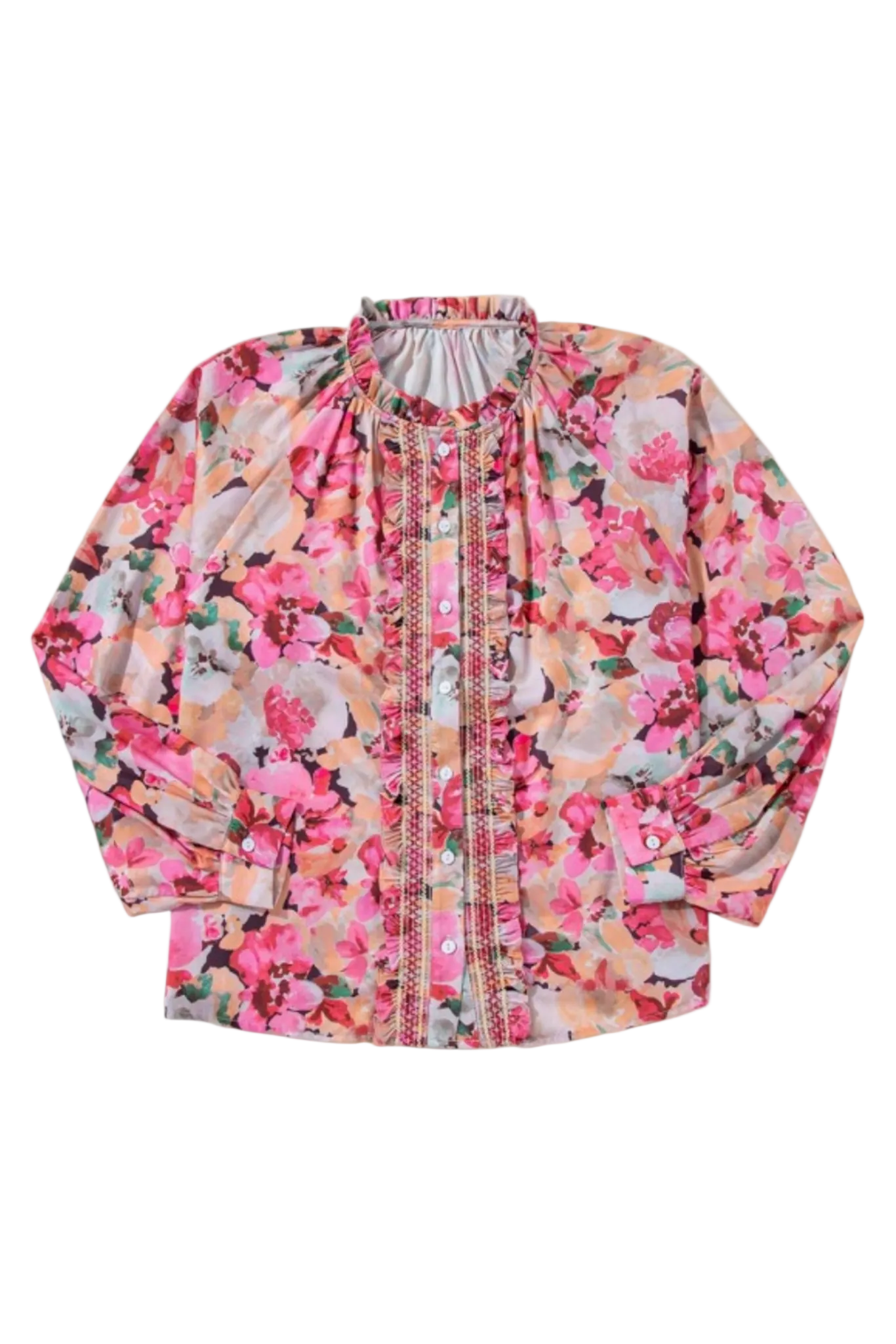 Floral patterned blouse with intricate details on a white background