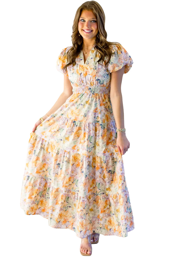 Woman wearing a floral dress on a white background