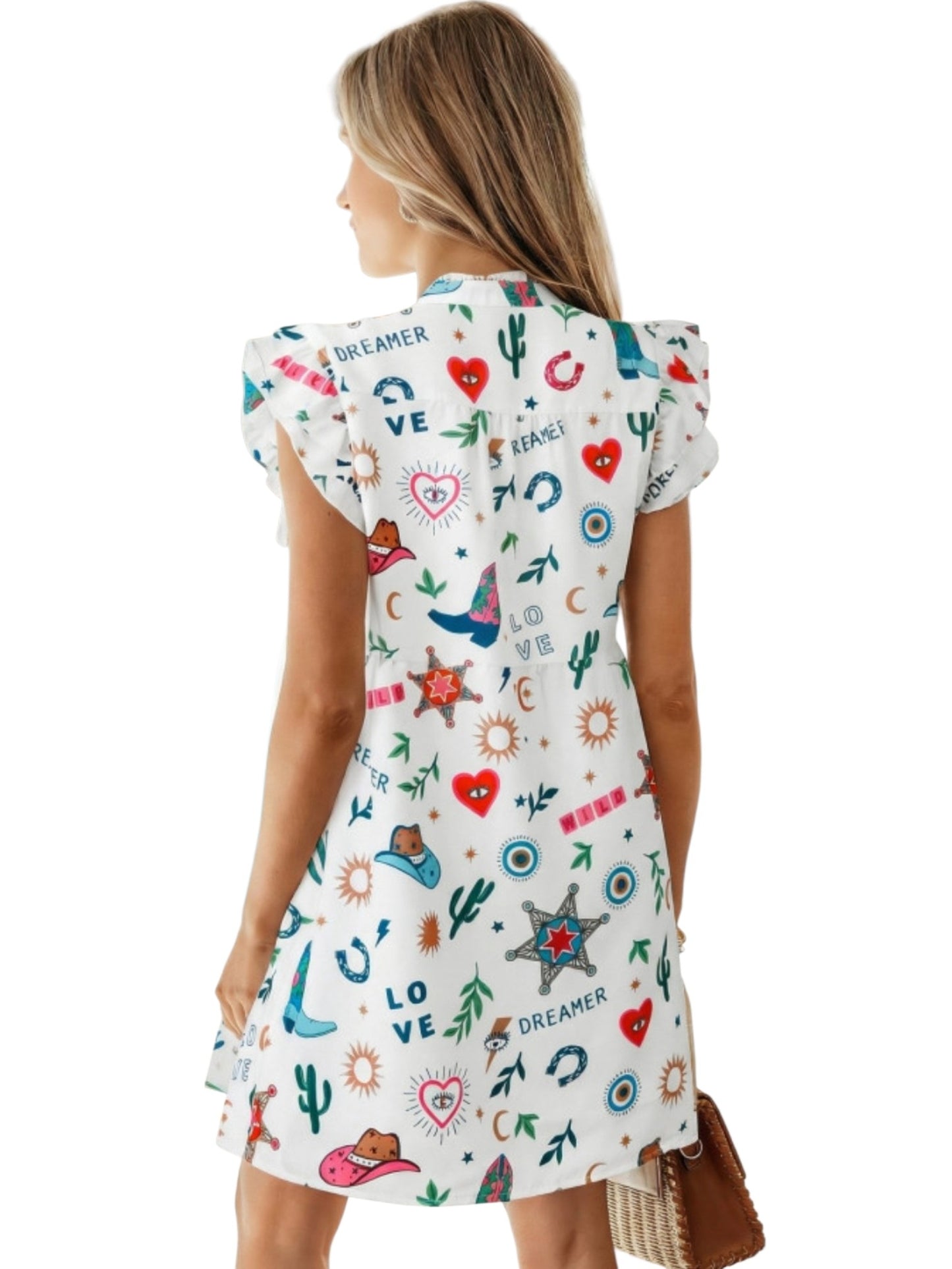 Woman wearing a white dress with colorful patterns on a white background back view
