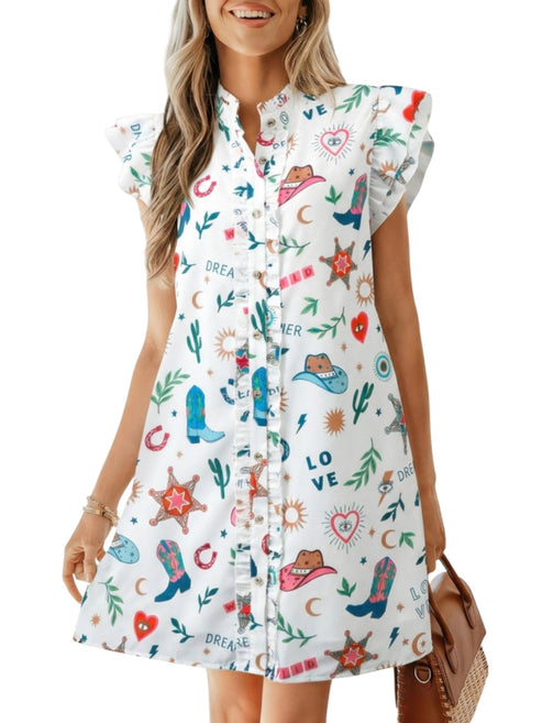 Woman wearing a sleeveless dress with colorful patterns on a white background