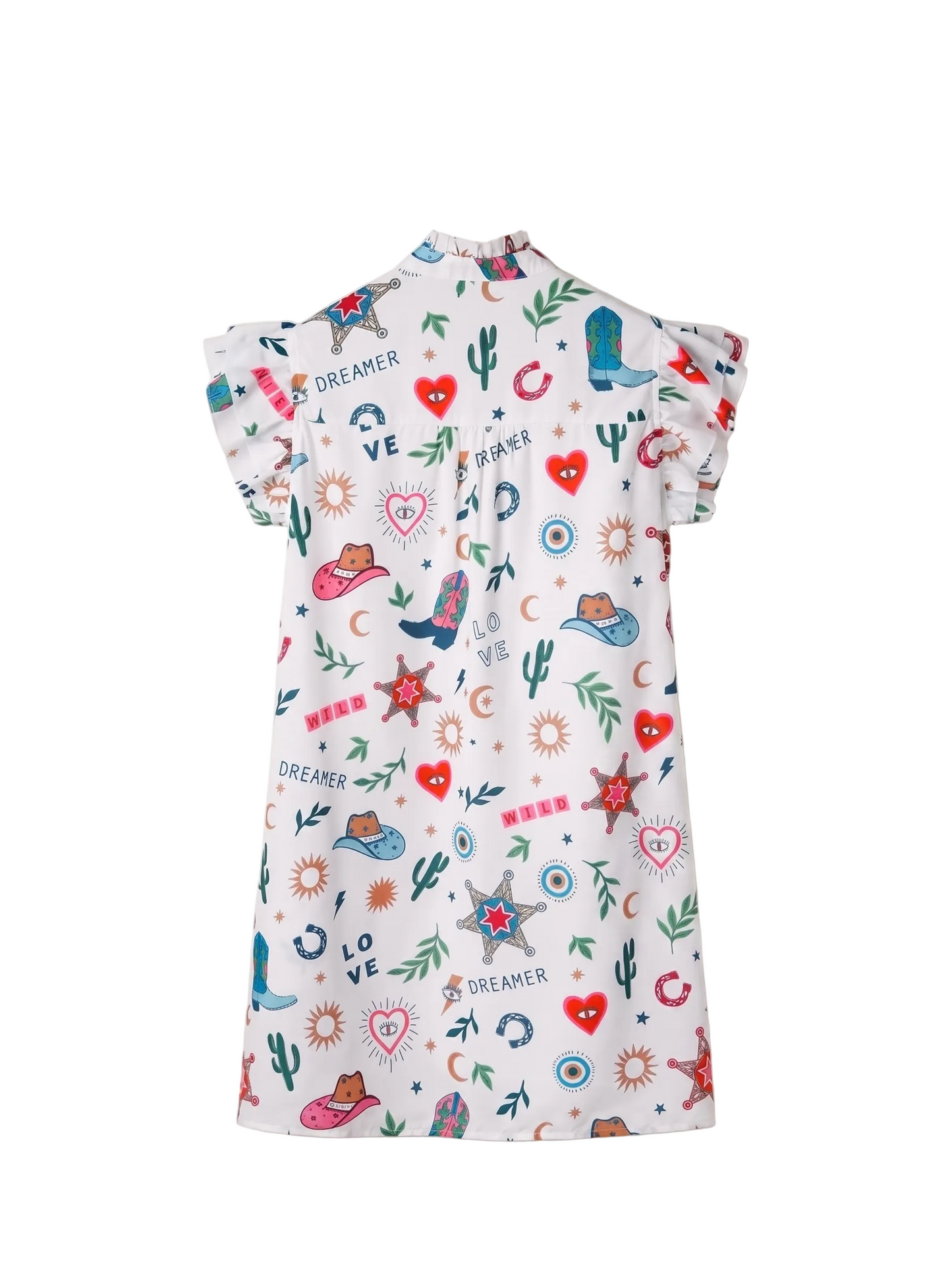 Western Print Flutter Sleeve Ruffle Mini Dress's professional back view