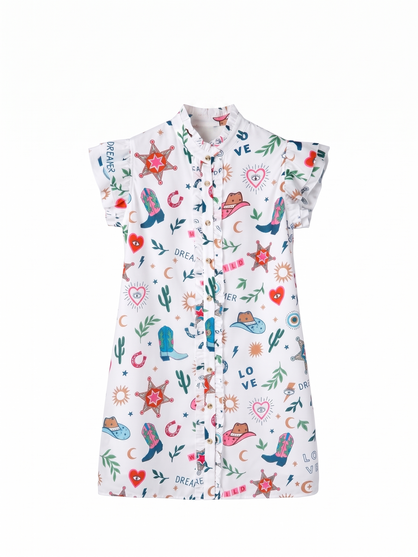Western Print Flutter Sleeve Ruffle Mini Dress's professional front view