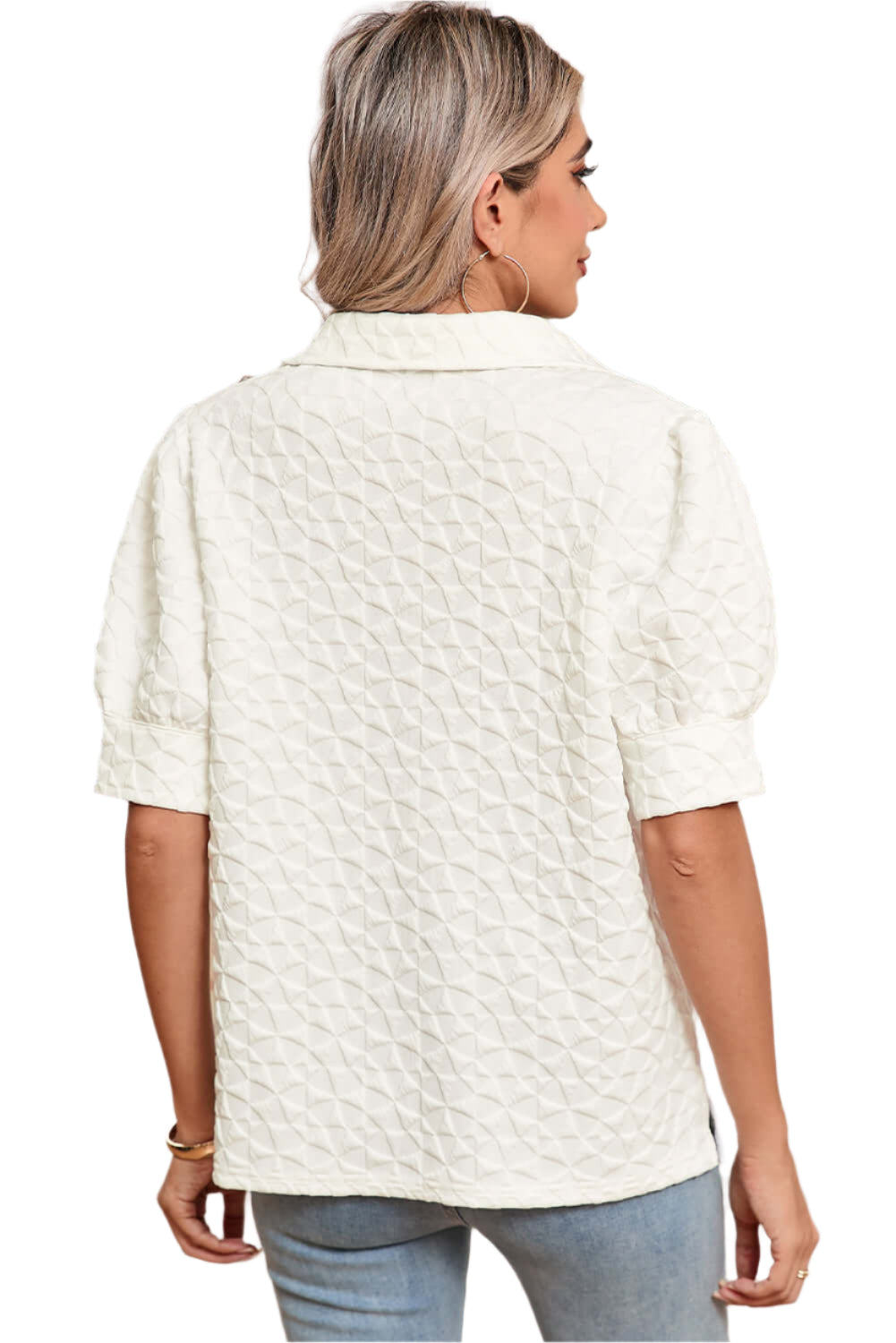 White Textured V-Neck Puff Sleeve Top. Back view.