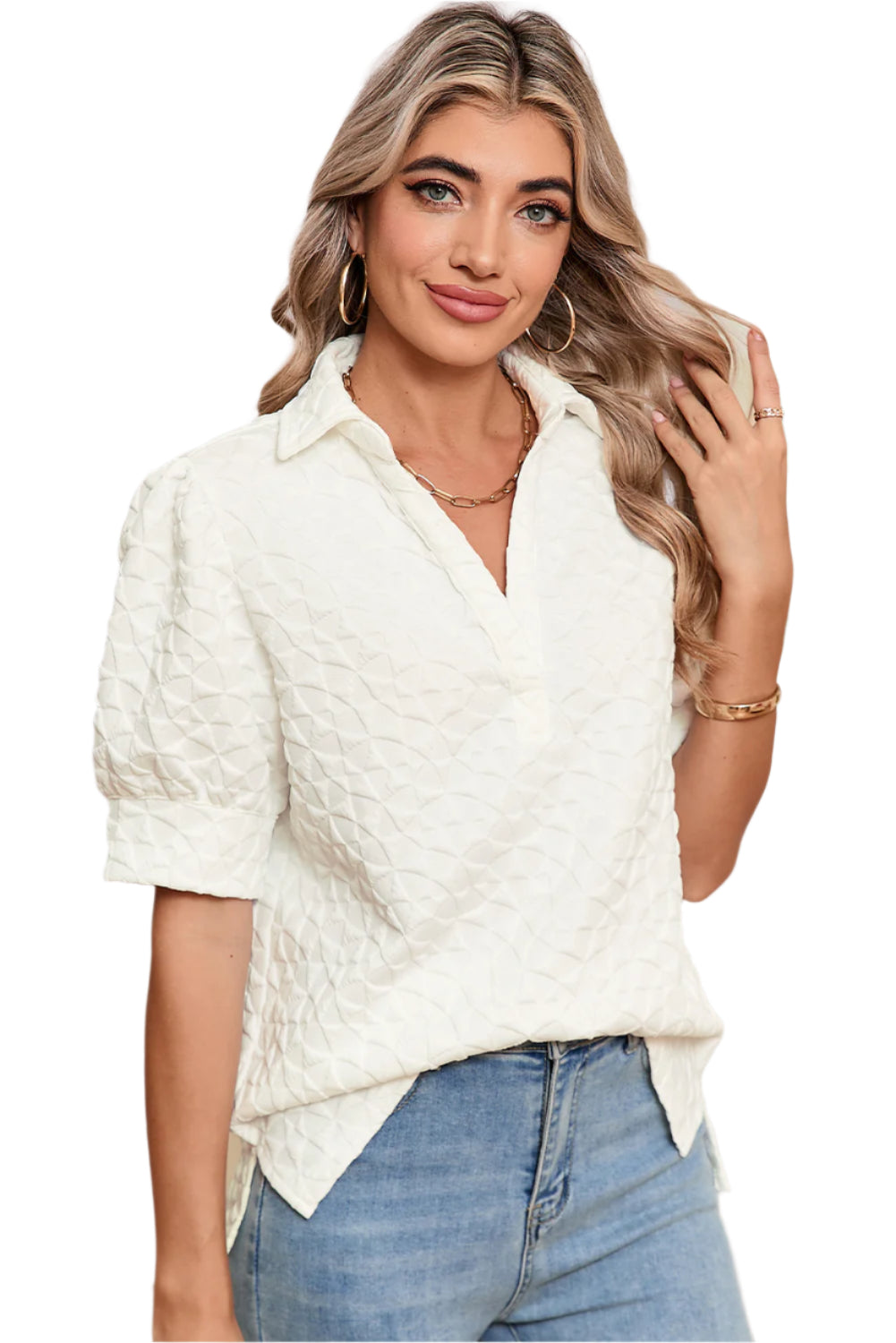 White Textured V-Neck Puff Sleeve Top - Catherine Martin