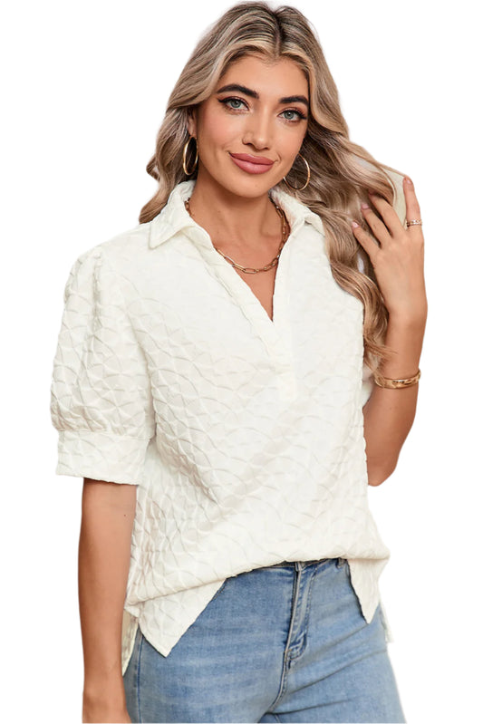 White Textured V-Neck Puff Sleeve Top - Catherine Martin