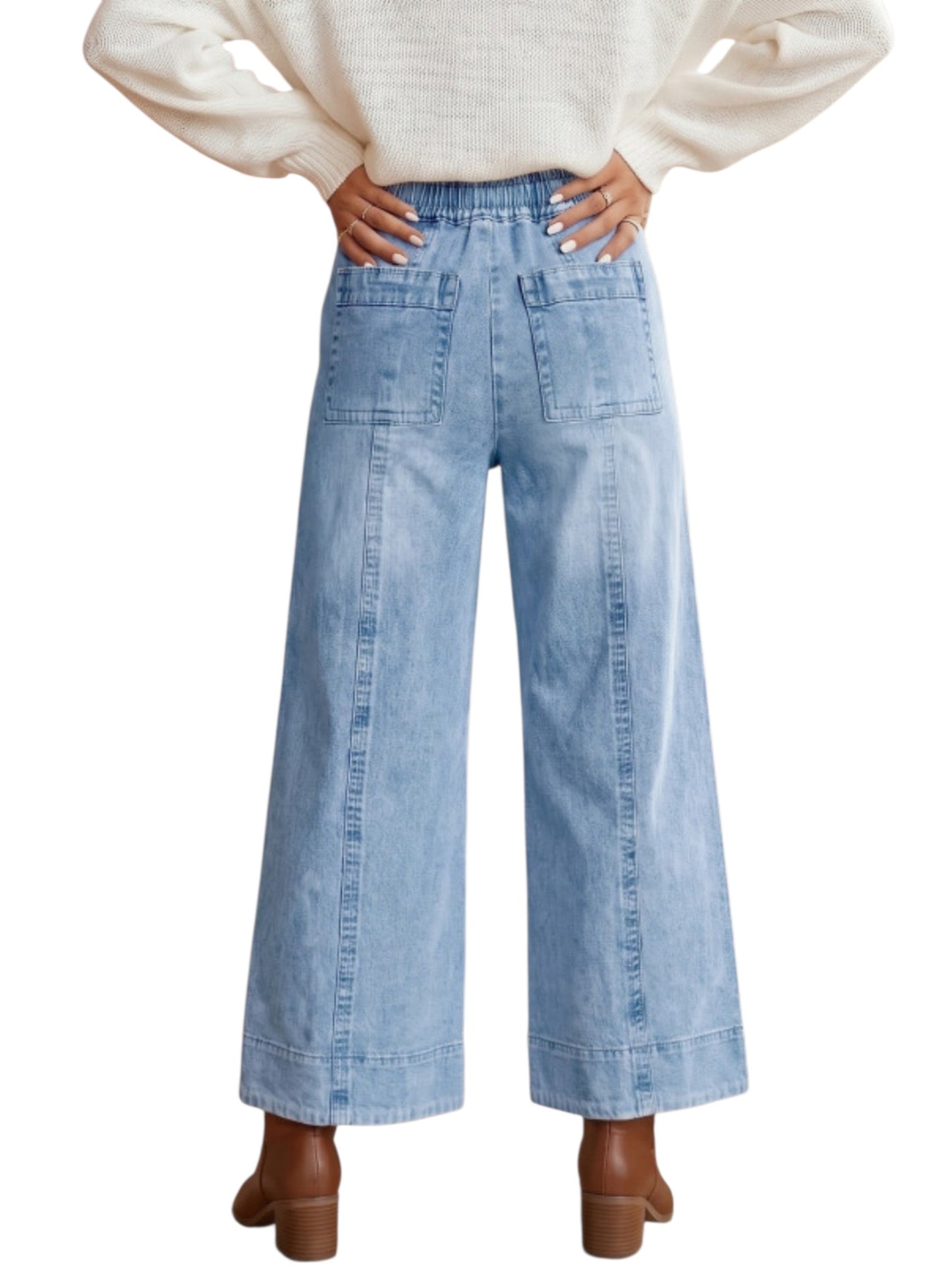 Wide leg drawstring denim jeans on model back view