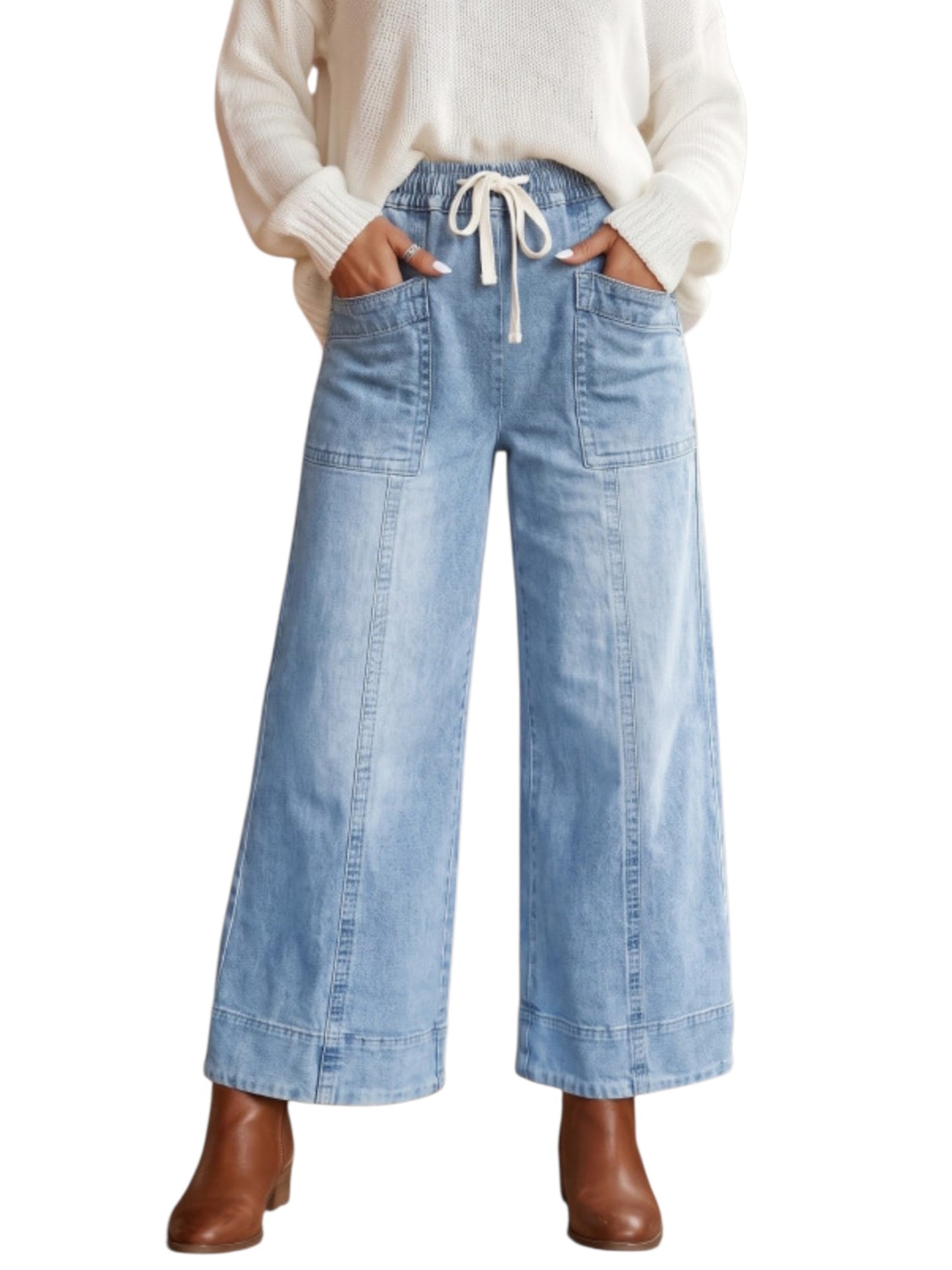 Wide leg drawstring denim jeans on model front view