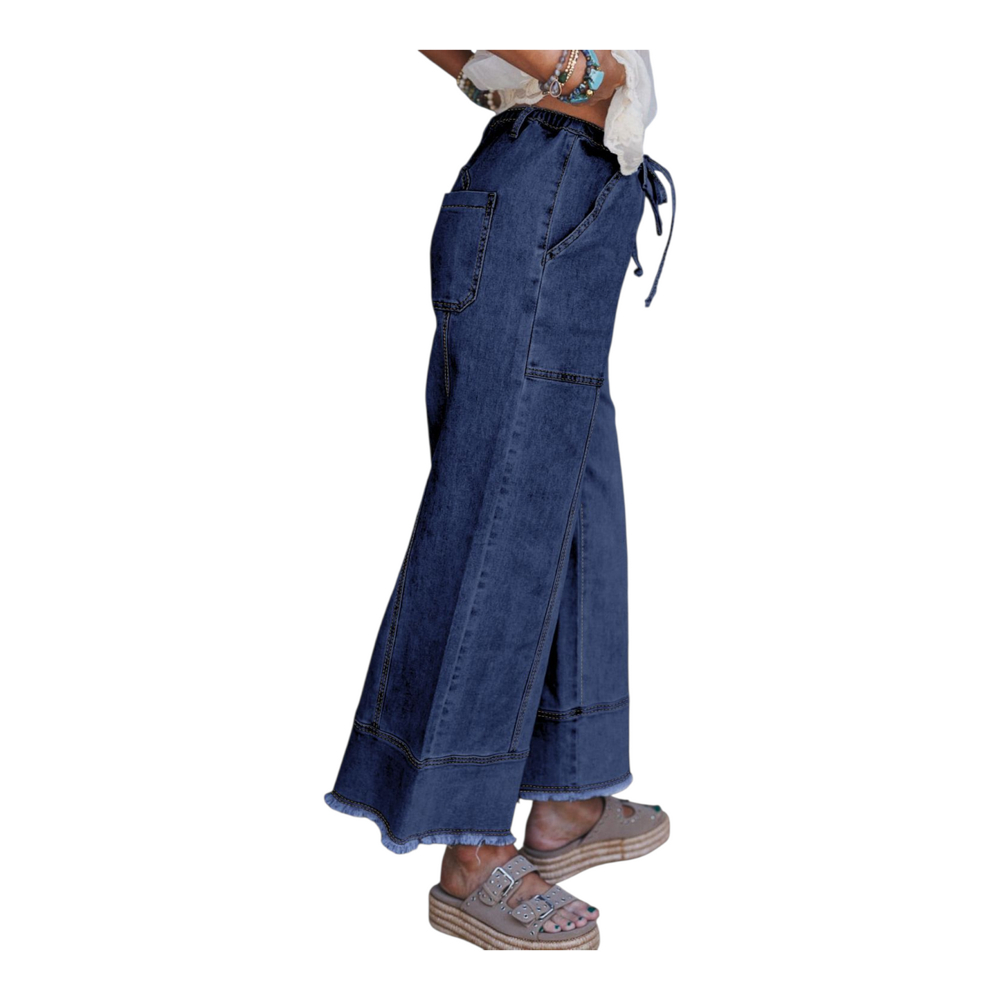 Wide-Leg Drawstring Utility Jeans