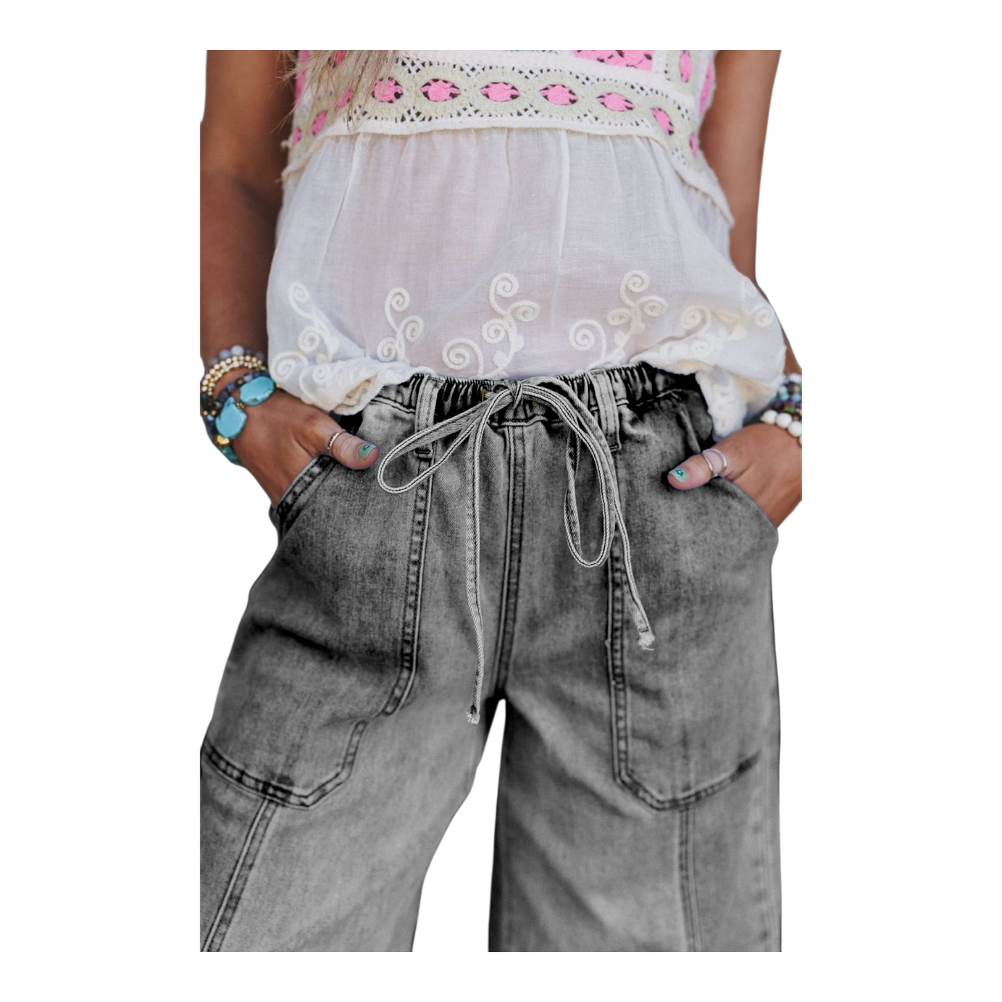 Wide-Leg Drawstring Utility Jeans