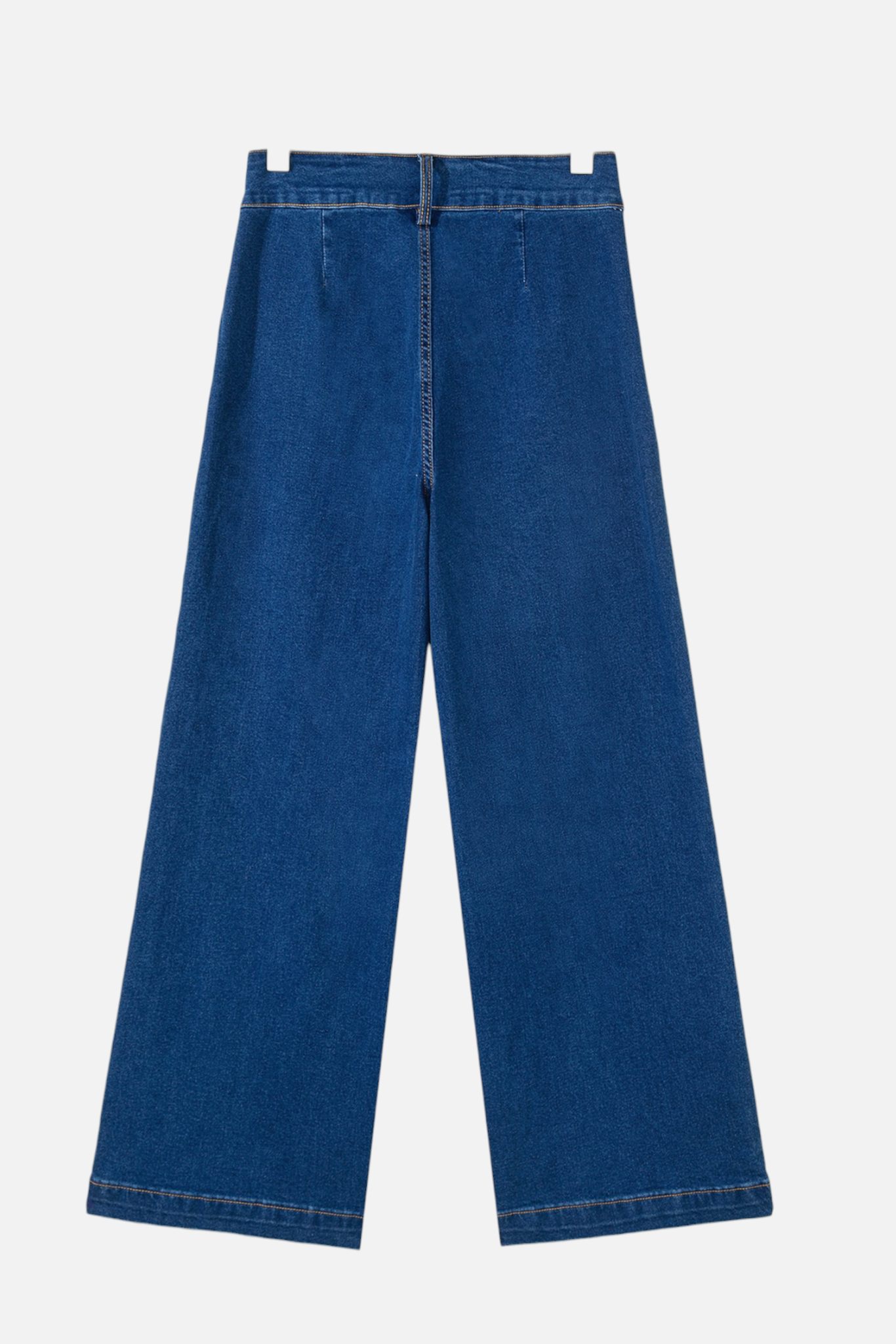 The back view of high-waisted, wide-leg denim trousers hanging on a hanger, showcasing a clean, tailored finish and durable cotton-blend fabric.