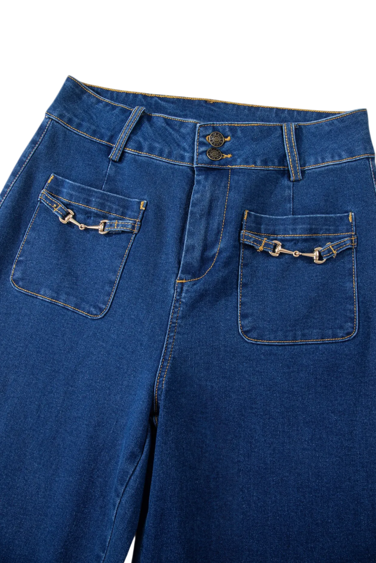 The close-up view of high-waisted, wide-leg denim trousers hanging on a hanger, showcasing a clean, tailored finish and durable cotton-blend fabric.